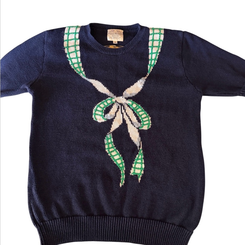 Susan Bristol Hand Loomed Sweater M Navy Scarf Hat Bow Novelty Knit Cottage